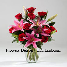 Lilies And Rose In A Vase Including Seasonal Fillers Delivered in Thailand