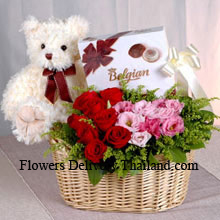 Basket Of Red And Pink Roses, A Box Of Chooclate And A Cute Teddy Bear Delivered in Thailand
