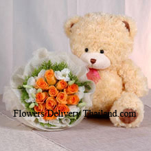 Bunch Of 12 Orange Roses And A Medium Sized Cute Teddy Bear Delivered in Thailand