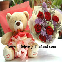 Bunch Of 6 Red Roses And A Medium Sized Cute Teddy Bear Delivered in Thailand