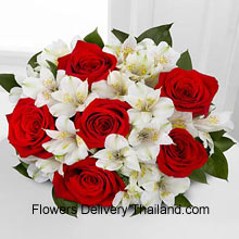 Bunch Of 6 Red Roses And Seasonal White Flowers Delivered in Thailand