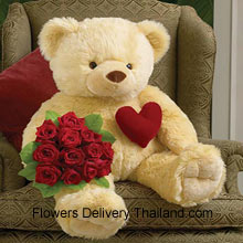 Bunch Of 12 Red Roses With A 32 Inches Tall Teddy Bear Delivered in Thailand