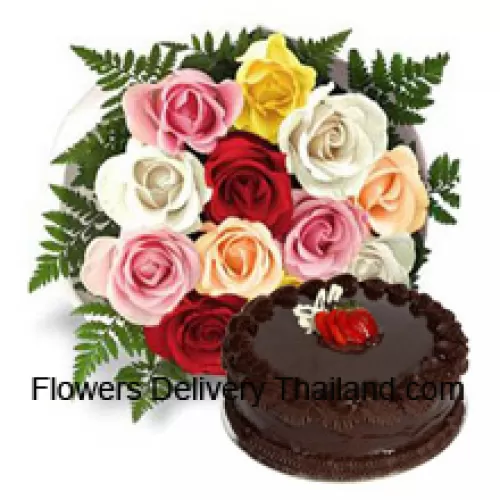 Bunch Of 12 Mixed Roses With Seasonal Fillers Along With 1 Lb. (1/2 Kg) Chocolate Truffle Cake (Please note that cake delivery is only available for Metro Manila Region. Any cake delivery orders outside Metro Manila will be substituted with Chocolate Brownie Cake without cream or the recipient shall be offered a Red Ribbon Voucher enough to buy the same cake)