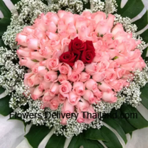 Bunch Of 97 Pink And 3 Red Roses With Seasonal Fillers