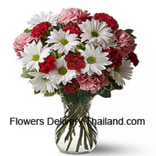Red Carnations, Pink Carnations And White Gerberas With Seasonal Fillers In A Glass Vase -- 24 Stems And Fillers