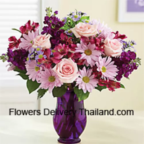 Pink Roses, Pink Gerberas And Other Assorted Flowers Arranged Beautifully In A Glass Vase -- 24 Stems And Fillers