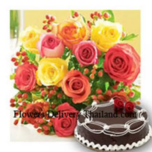Bunch Of 12 Mixed Colored Roses With Seasonal Fillers and 1/2 Kg (1.1 Lbs) Chocolate Truffle Cake (Please note that cake delivery is only available for Metro Manila Region. Any cake delivery orders outside Metro Manila will be substituted with Chocolate Brownie Cake without cream or the recipient shall be offered a Red Ribbon Voucher enough to buy the same cake)