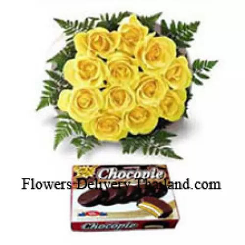 Bouquet de 12 roses jaunes et une boîte de chocolat