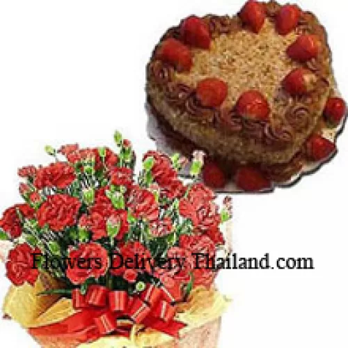 Bouquet de 24 œillets avec des garnitures saisonnières et un gâteau au beurre de 1 kg en forme de cœur (2,2 livres)