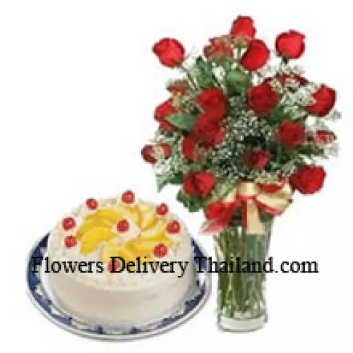 24 Red Roses With Some Ferns In A Vase Along With A 1/2 Kg Vanilla Cake