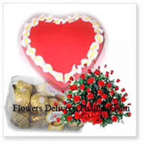 Basket Of 100 Red Roses With 16 Pcs Ferrero Rocher and a 1 Kg (2.2 Lbs) Strawberry Cake