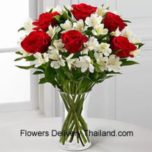 6 Red Roses With Assorted White Flowers And Fillers In A Glass Vase