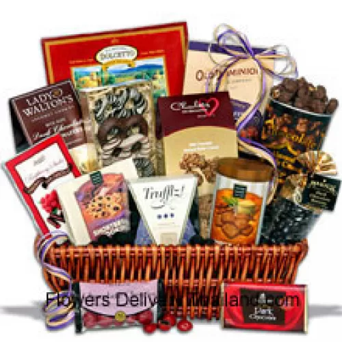 This gift basket arrives gorgeously packaged and piled high with the most delicious, award-winning chocolates you?ve ever tasted. Inside they'll find chocolate truffles, dark chocolate covered raisins, chocolate covered cherries, chocolate shortbread cookies, chocolate pecan crunch, a dark chocolate signature bar, chocolate dipped Bavarian pretzels, chocolate wafer squares, chocolate crunch shortbread cookies, dark chocolate butter wafers, chocolate almond butter crunch, chocolate covered toffee peanuts, and raspberry dark chocolate sticks. (Please Note That We Reserve The Right To Substitute Any Product With A Suitable Product Of Equal Value In Case Of Non-Availability Of A Certain Product)