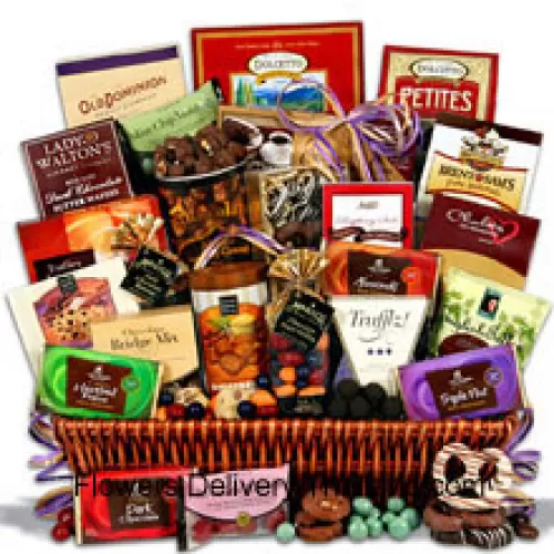 This amazing new addition to our?chocolate gift baskets?collection is overflowing with twenty-four sinfully delicious chocolate indulgences that will impress the taste buds of even the most seasoned chocoholics.?With a generous selection of gourmet treats ranging from chocolate bars to chocolate cookies and everything in between, it is easy to see why this design is a show-stopper. (Please Note That We Reserve The Right To Substitute Any Product With A Suitable Product Of Equal Value In Case Of Non-Availability Of A Certain Product)