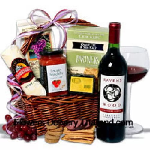 This Halloween Gift basket includes Ravenswood Cabernet Sauvignon – 750 ml, Hors Doeuvre Deli Style Crackers by Partners, Tomato Bruschetta by Elki, Red Wine Biscuit by American Vintage, Hickory & Maple Smoked Cheese by Sugarbush Farm and Butcher Wrapped Summer Sausage by Sparrer Sausage Co. (Contents of basket including wine may vary by season and delivery location. In case of unavailability of a certain product we will substitute the same with a product of equal or higher value)