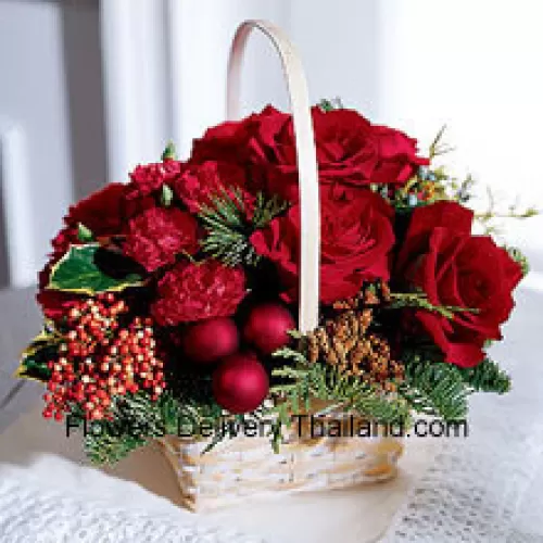 What better gift for a rose lover than this seasonal arrangement of roses and Chinese New Year greens. A tasteful gift with a holiday flair. (Please Note That We Reserve The Right To Substitute Any Product With A Suitable Product Of Equal Value In Case Of Non-Availability Of A Certain Product)