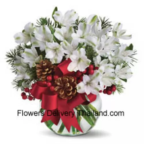 Share the magic of a white Chinese New Year with this cheery bouquet of snowy white alstroemeria blossoms arranged in vase with festive holiday trim. (Please Note That We Reserve The Right To Substitute Any Product With A Suitable Product Of Equal Value In Case Of Non-Availability Of A Certain Product)