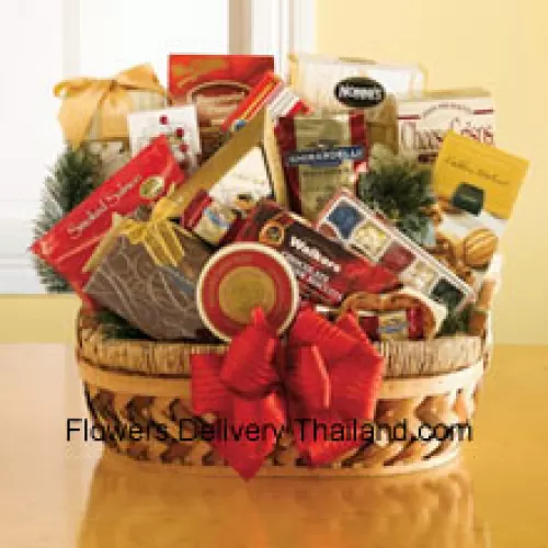 This special Gourmet Gift Basket comes packed with a sweet and savory selection of gourmet snacks that are all ready to eat and be enjoyed. She will be pleased with the great selection inside: pesto havarti cheese, smoked salmon, caviar, English tea cookies, shortbread cookies, Ghirardelli chocolates, biscotti, toffee almonds, Ghirardelli squares, Jelly Belly jelly beans, chocolate cheese sticks, chocolate caramel cookies and peppermint popcorn. (Please Note That We Reserve The Right To Substitute Any Product With A Suitable Product Of Equal Value In Case Of Non-Availability Of A Certain Product)