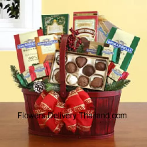 Our handsome red splitwood handle basket is all decked out in holiday splendor, and packed with a sweet sampling of Ghirardelli's greatest chocolate creations. There's plenty inside to discover and enjoy, and the sweet excess will keep your recipients smiling for days. We've included: two gift bags of Ghirardelli squares (mint chocolate & dark chocolate), truffle cookies, a caramel chocolate bar, hot cocoa mix, and an assortment of Ghirardelli chocolate squares. We top it off with a festive bow, and add silk greenery and accents to make sure this Chinese New Year present is a memorable one (Please Note That We Reserve The Right To Substitute Any Product With A Suitable Product Of Equal Value In Case Of Non-Availability Of A Certain Product)