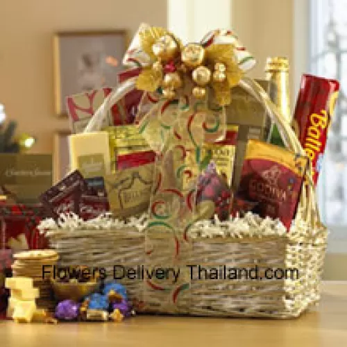 This gift basket shines for the holidays with a great selection of gourmet food for all. A shimmering basket holds Dutch Gouda Cheese Biscuits, Crantastic Snack Mix, Chocolate Cocoa, Scottish Shortbread Fingers, Roasted Peanuts, assorted Godiva Dark Chocolates, Smoky Cheddar, Fancy Water Crackers, Swedish Ballerina Cookies, Holiday Mints, Bellagio Caramella Coffee, Chinese New Year Tea, and non-alcoholic Sparkling Apple Cider. It makes a nicely balanced selection of sweet and savory foods that are sure to please. (Please Note That We Reserve The Right To Substitute Any Product With A Suitable Product Of Equal Value In Case Of Non-Availability Of A Certain Product)