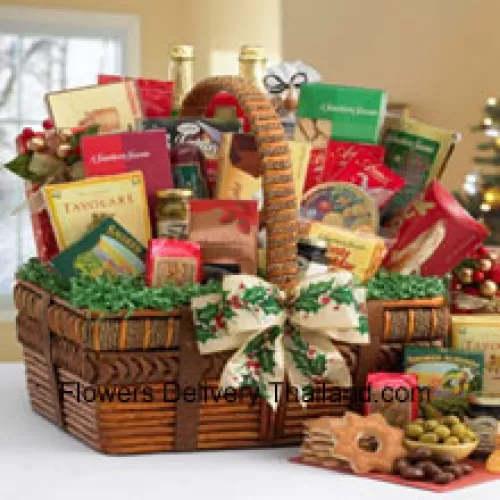 Send your love with this impressive gift basket that's all decked out for the Thanks Giving. With the artful details of the handsomely crafted basket and the world of fancy flavors nestled inside, it festively captures the spirit of the season. The small includes a bountiful assortment with Tomato Basil Pretzels, Gingerbread Cake, Zesty Cheddar Thins, Spanish Olives, Pecan Pralines, Gouda Cheese Biscuits, Cinnamon Star Cookies, Belgian Chocolate Petites, California Smoked Almonds, Rothschild Triple Berry Preserves, Chocolate Chip Cookies, Ashby Assam Tea, Savory Snack Mix, Fruit Bonbons, Blend Coffee, and Godiva Milk Chocolate Strawberries. (Please Note That We Reserve The Right To Substitute Any Product With A Suitable Product Of Equal Value In Case Of Non-Availability Of A Certain Product)