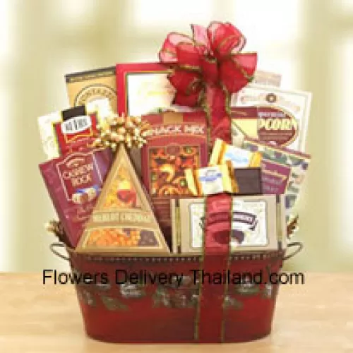 Spread some Chinese New Year cheer to everyone on your holiday gift list this year with our delight gourmet snack basket. This memorable selection arrives in a beautiful pine-cone embossed metal container that is perfect to re-use for many seasons to come. We've packed it with a variety of sweet and savory snacks that anyone will enjoy. Inside they'll be delighted to discover Sonoma cheese straws, chocolate brulee cake, cranberry harvest medley dried fruit, butter-toffee pretzels, Cashew Roca, chocolate chip cookies, merlot cheddar cheese, snack mix, and truffle cookies . It's topped off with a matching red ribbon and delivered straight to their front door or office. (Please Note That We Reserve The Right To Substitute Any Product With A Suitable Product Of Equal Value In Case Of Non-Availability Of A Certain Product)